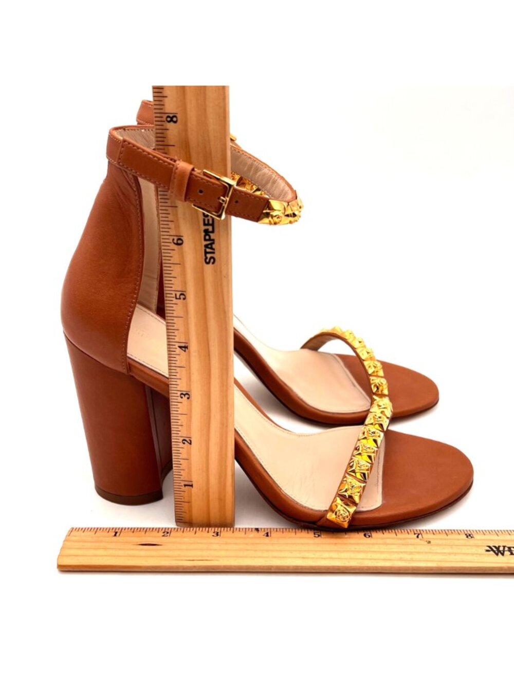 Stuart Weitzman Rosemarie Cognac Gold Stud Block Heels Ankle Strap 7.5B Spain - Picture 6 of 16